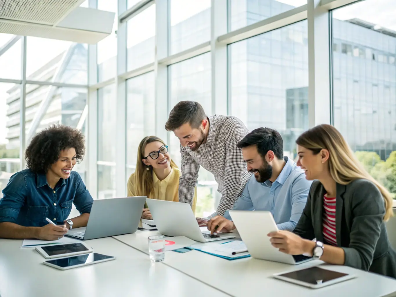 A team of IT consultants is collaborating on a digital whiteboard, brainstorming innovative solutions and strategies for optimizing business processes and leveraging AI technologies.