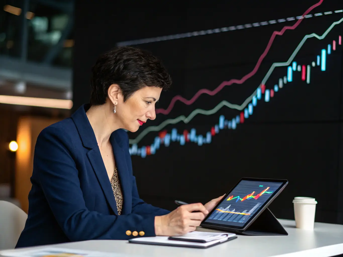 A professional showcasing EquiAssist™ on a tablet, highlighting its user-friendly interface and on-demand support features. The background shows a busy office environment, emphasizing the product's relevance to real-world business operations.