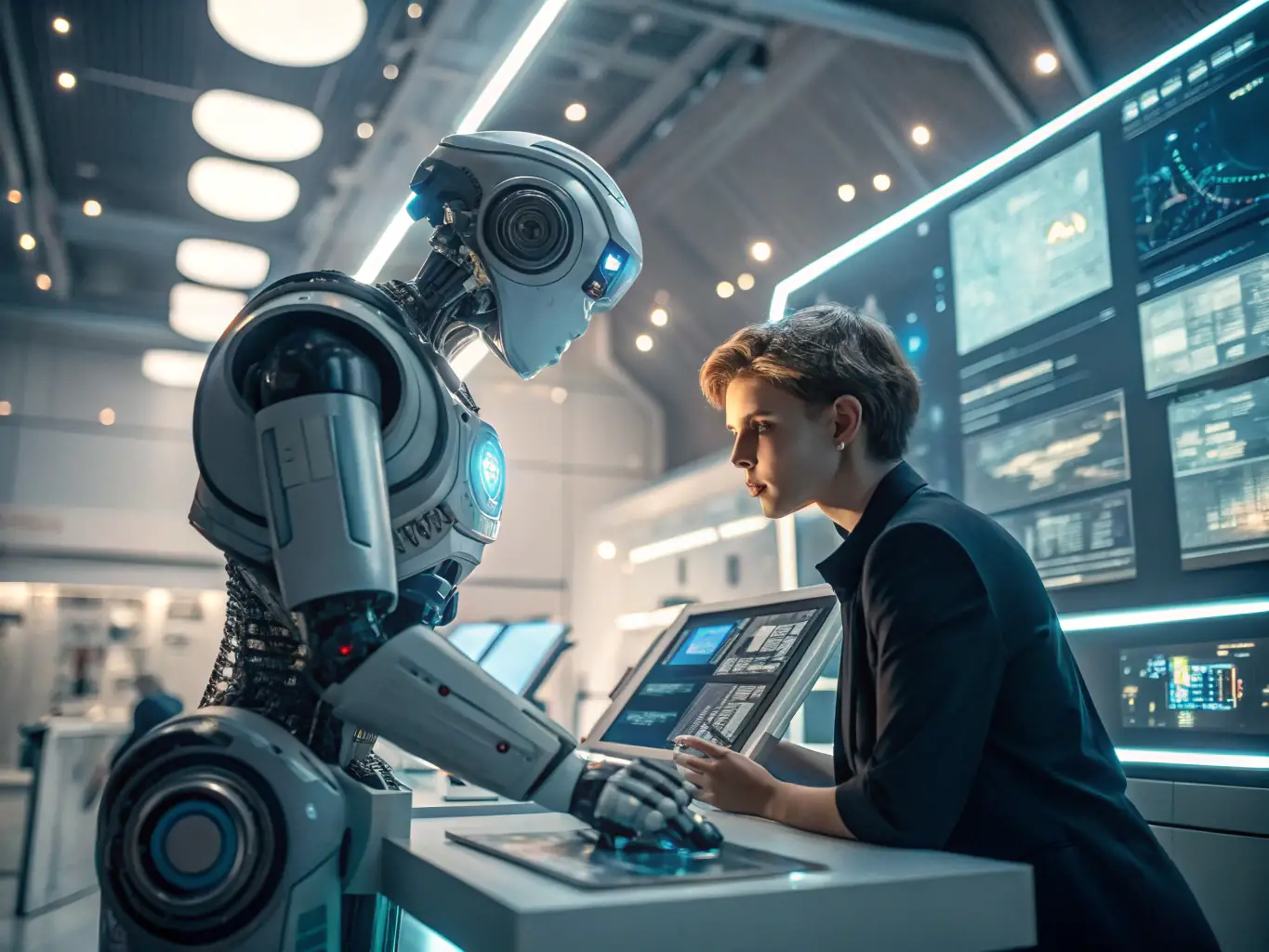 An AI-driven robot is streamlining a complex business process on a digital screen, highlighting the automation and efficiency gains achieved through AI-BPA.