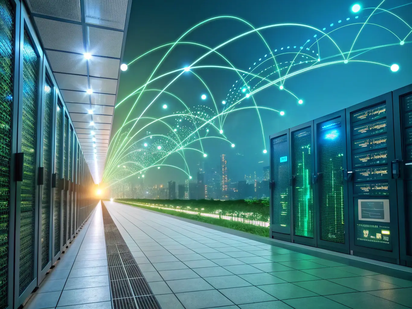A futuristic graphic representing EquiFlow™ automating business processes with AI. The image includes flowing data streams and interconnected nodes, symbolizing the product's ability to streamline workflows and enhance efficiency.