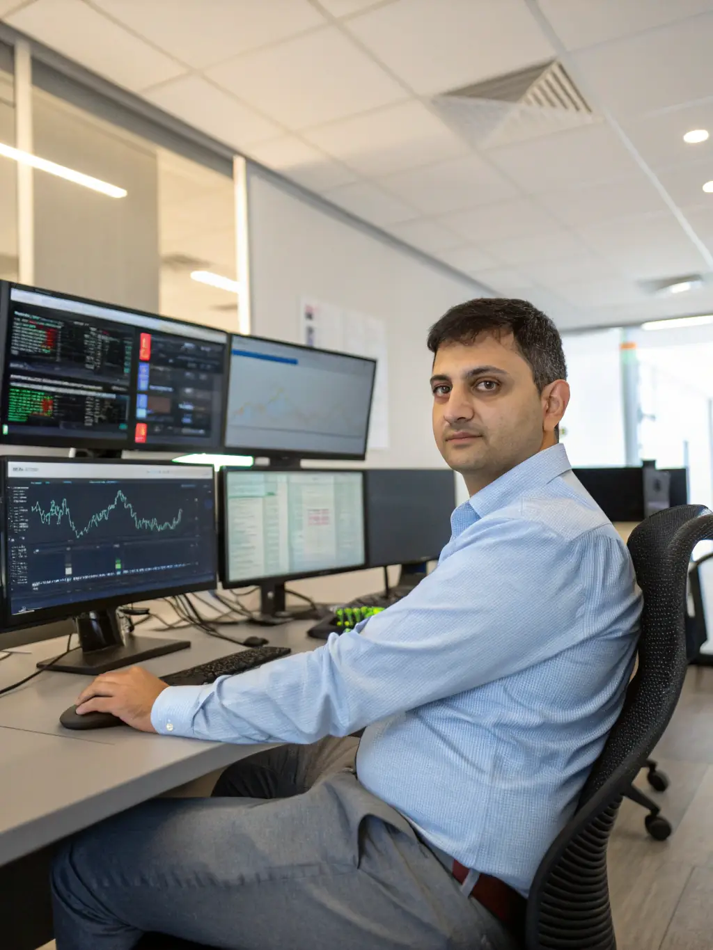 A professional showcasing the monitoring of application performance metrics on a dashboard, highlighting real-time data analysis and proactive issue resolution within Equilon's AMS.